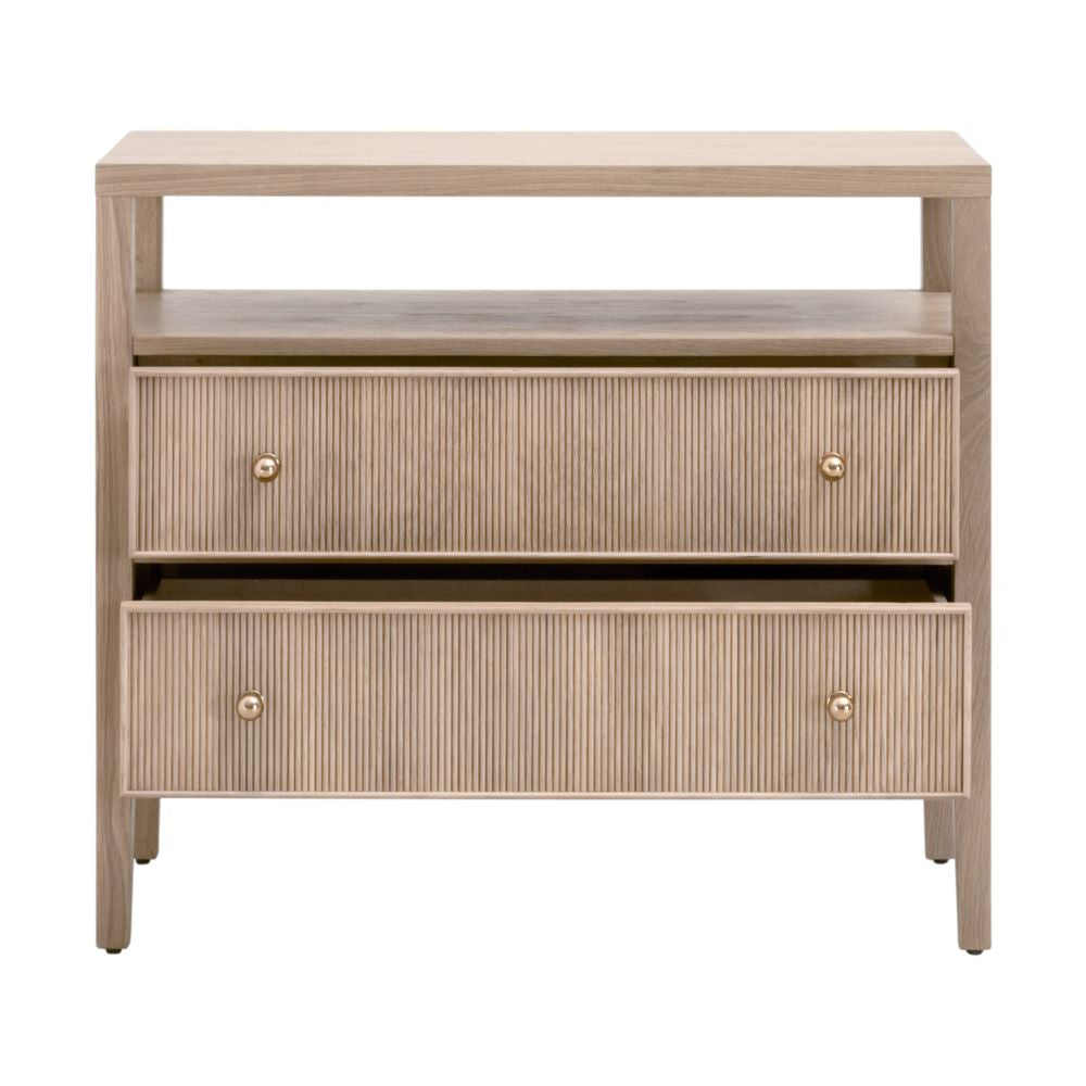 Hayward Open Shelf Oak Nightstand with open fluted front drawers