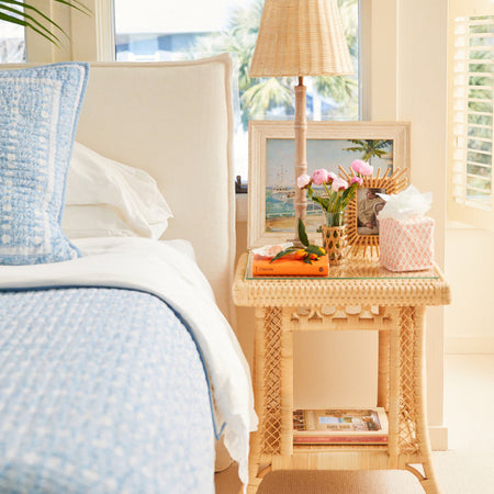 Hope Town Side Table styled in bedroom by Amanda Lindroth