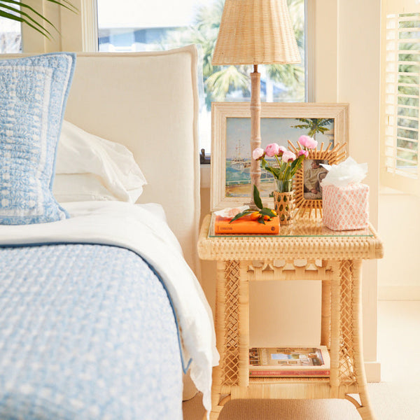 Hope Town Side Table styled in bedroom by Amanda Lindroth