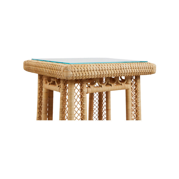 Hope Town Woven Rattan Side Table details with glass top