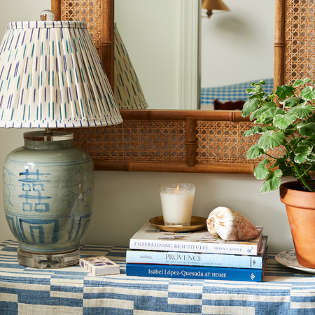 Ikat Gathered Lamp Shade on Double Happiness Lamp