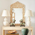 Imelda Bone Inlay Mirror above console with Francine Ivory Table Lamps