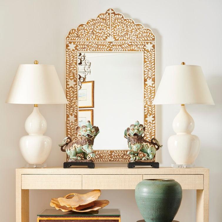Imelda Bone Inlay Mirror above console with Francine Ivory Table Lamps