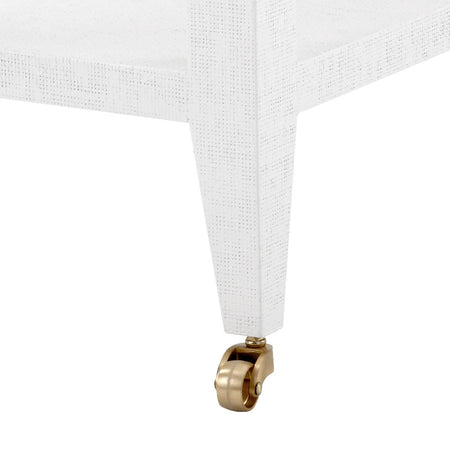 Isabella White Grasscloth Side Table brass wheel