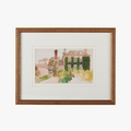 Framed watercolor painting of a house with greenery on a white background