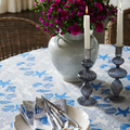 Joie Blue Glass Candlesticks styled on table with pink flowers