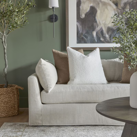 Julianne Linen Blend Slipcover Sofa Arm  details - in green living room