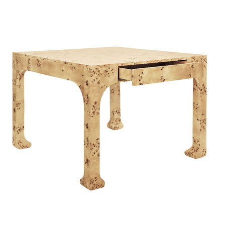 Kinsley Burl Game Table with open drawer