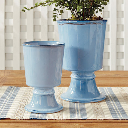Kirby Chambray Footed Cachepots styled with greenery