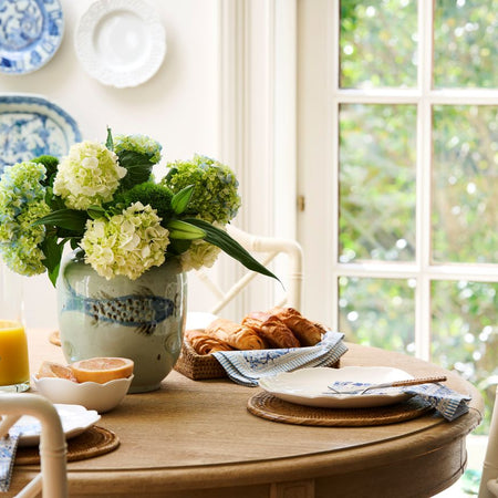 Koi Fish Vase with hydrangeas on breakfast table - Dear Keaton