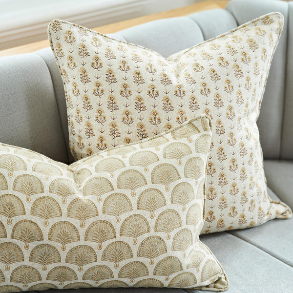 Kutch Shell Pillow Cover and Nori Elm Pillow on Sofa