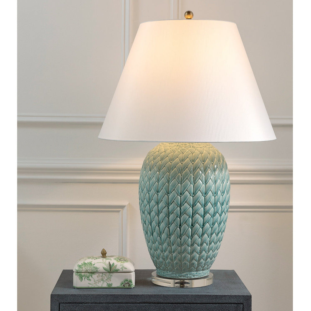 Basketweave Celadon Table Lamp styled on end table