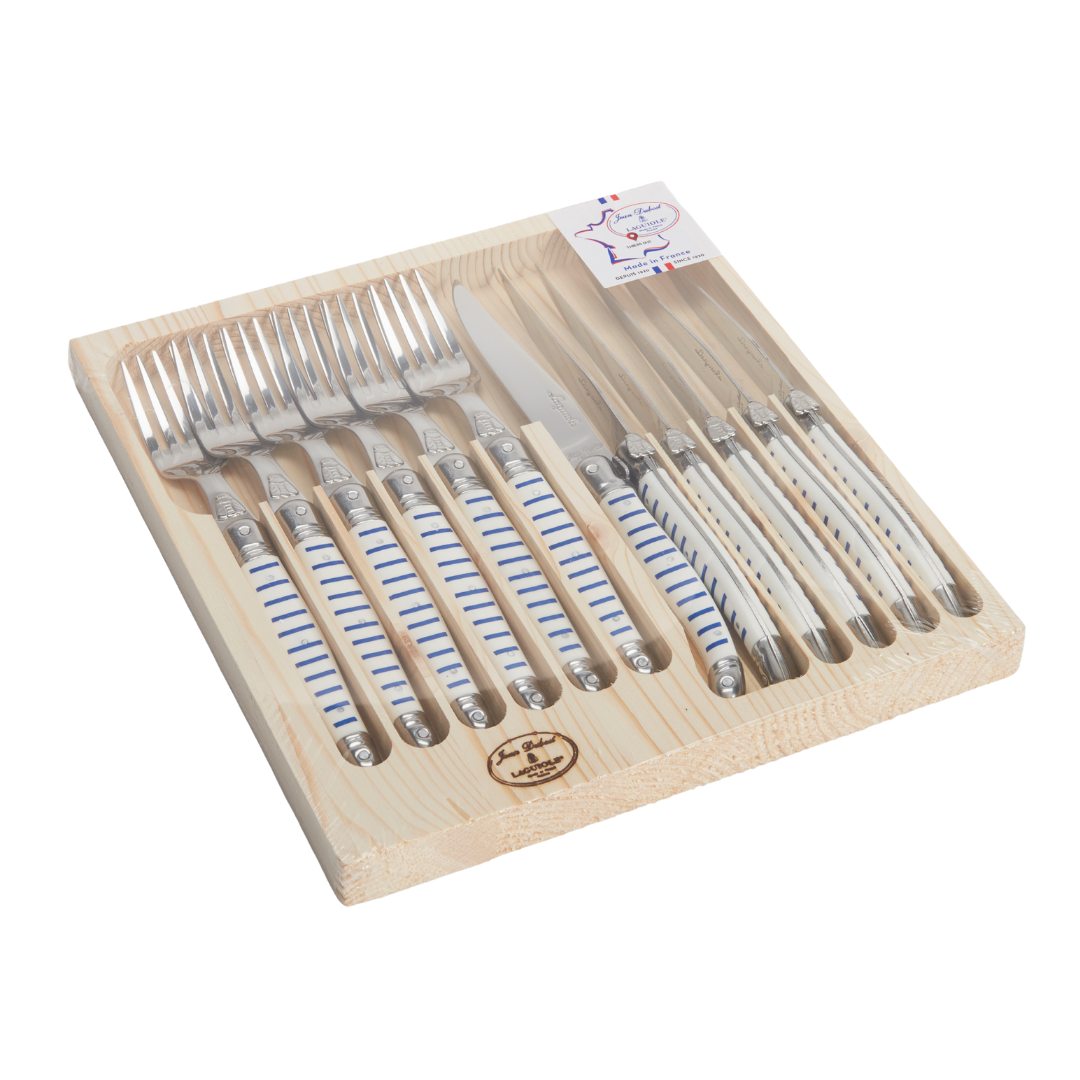 Laguiole Mariniere Blue Stripe French Cutlery Set in wood tray