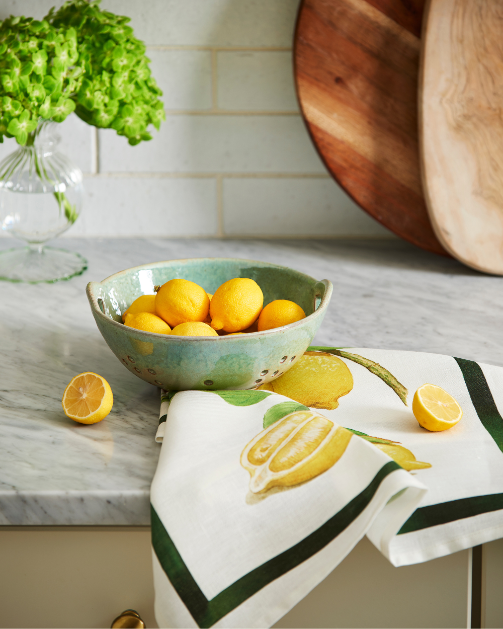 Lemon Bouquet Linen Tea Towel with Reactive Glaze Berry Bowl