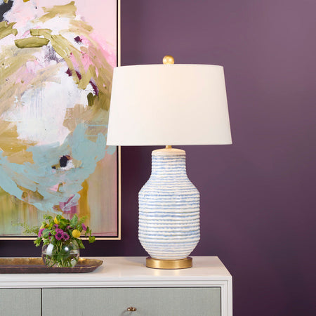 Liana Blue Stripe Lamp on dresser in purple room