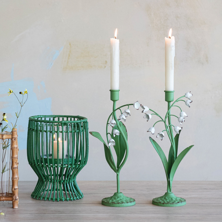 Lily of the Valley Taper Holders styled with lit taper candles