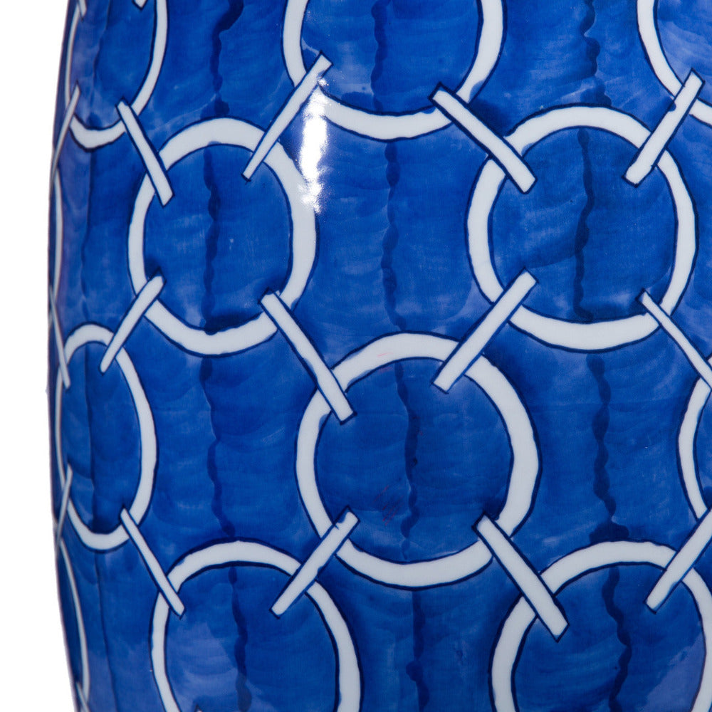 Linked Circles Blue  Garden Stool pattern closeup