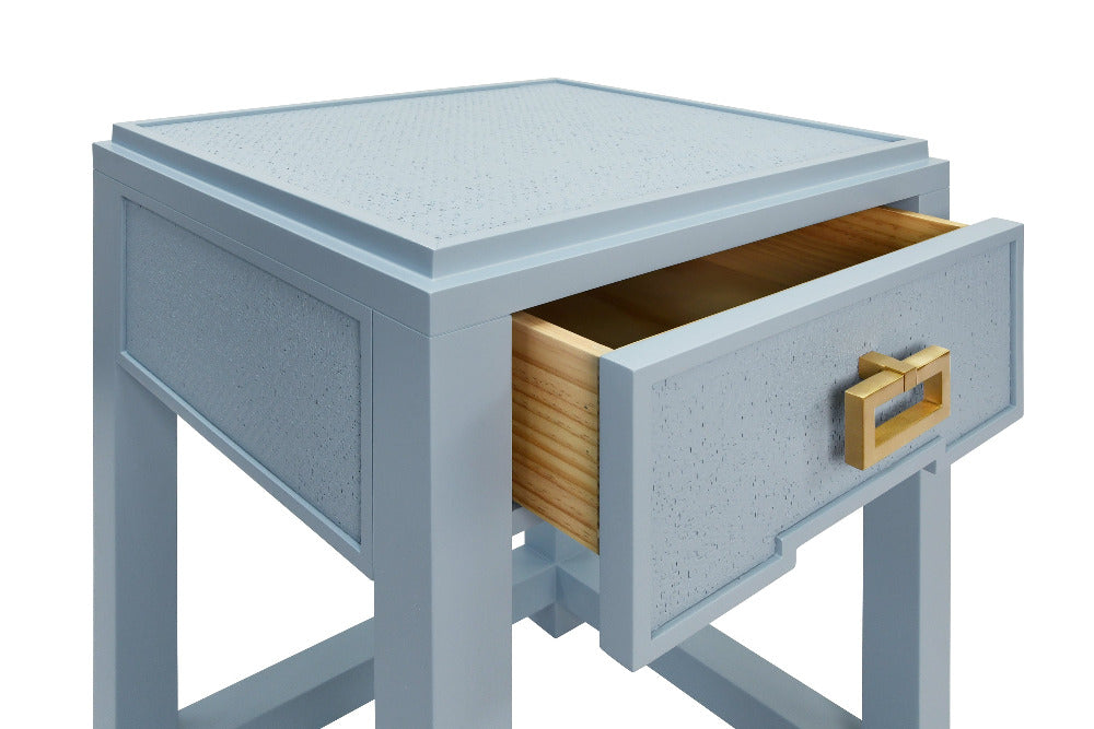 Litchfield Light Blue Matte Lacquer Side Table open drawer