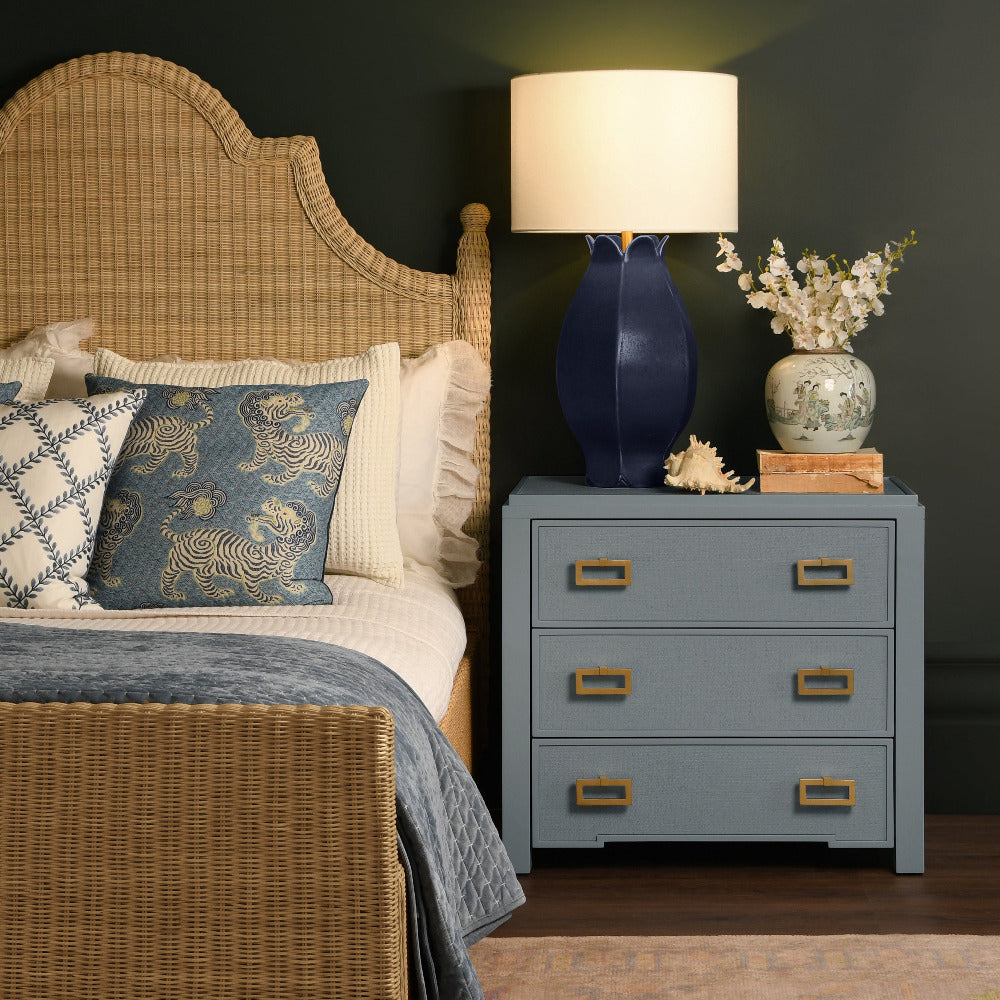 Litchfield Light Blue Nightstand and Callaway Woven Rattan Bed