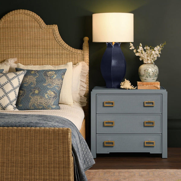 Litchfield Light Blue Nightstand and Callaway Woven Rattan Bed