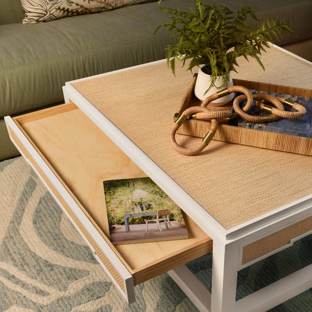 Litchfield Natural Coffee Table styled with open drawer