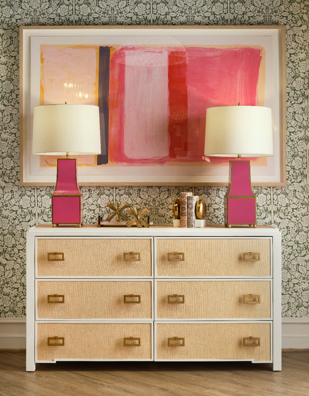 Litchfield Natural Grasscloth Dresser with pink lamps