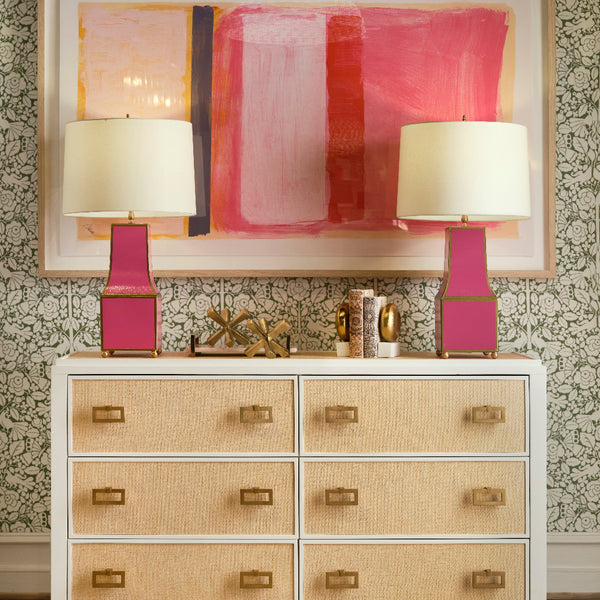Litchfield Natural Grasscloth Dresser with pink lamps