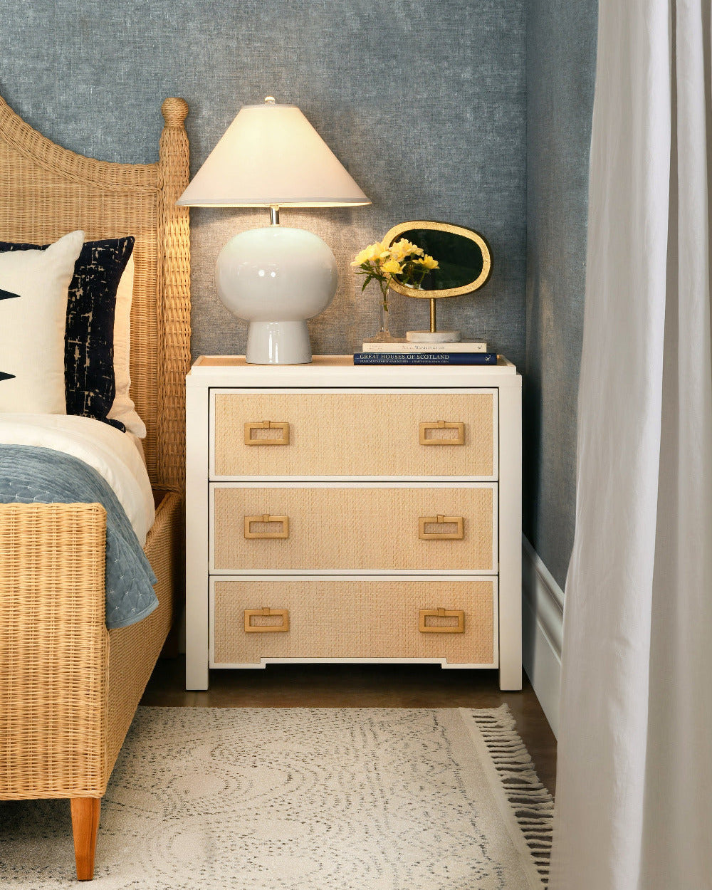 Litchfield Natural Grasscloth Nightstand in blue bedroom