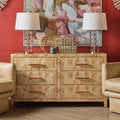 Lowery Burl Wood Double Dresser styled in colorful room