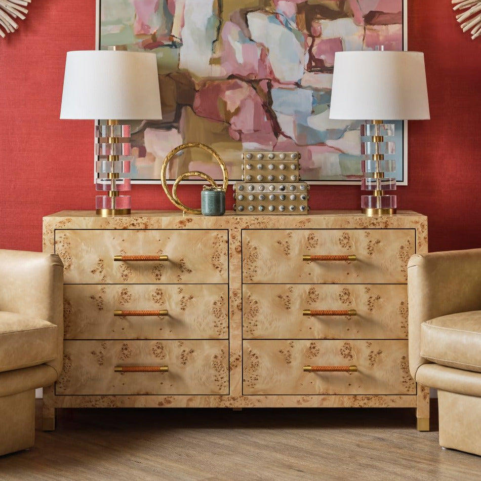 Lowery Burl Wood Double Dresser styled in colorful room