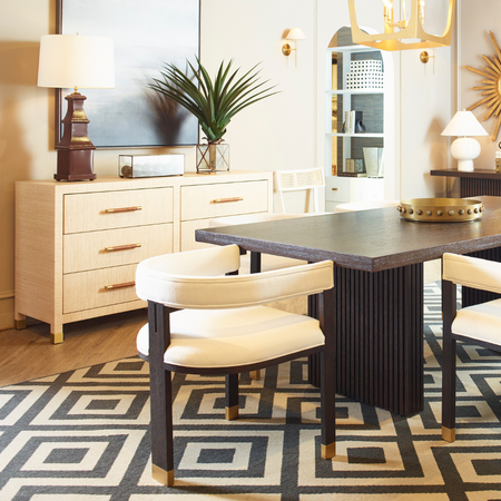 Lowery Natural Grasscloth Dresser styled in dining room