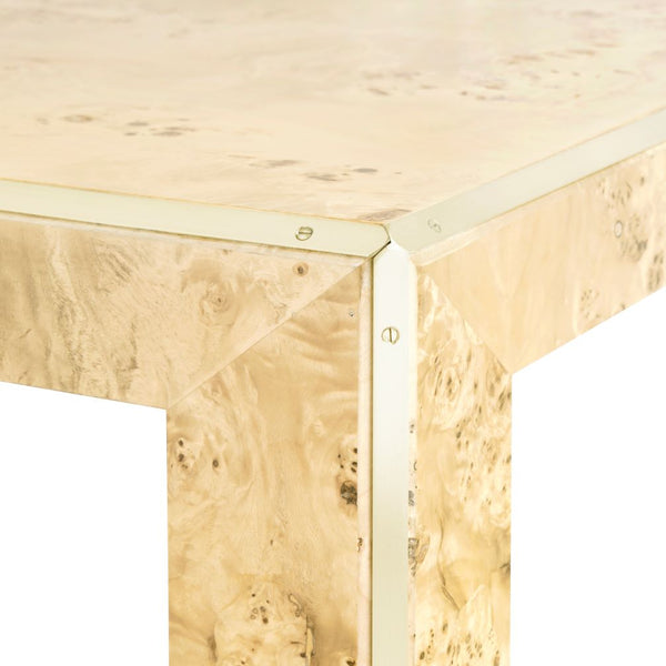 Marin Burl Coffee Table Brass trim closeup
