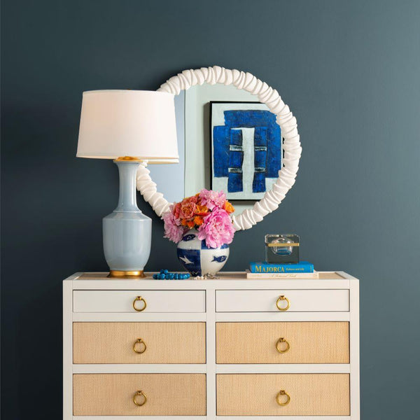 Safira Sky Blue Lamp styled on dresser in blue room