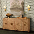Maddox Burl Wood Buffet styled in wallpapered room