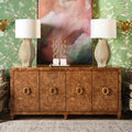 Maddox Dark Burl Four Door Buffet Cabinet styled with tulip lamps