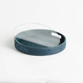 Mandalay Navy Woven Rattan Round Serving Tray with glass