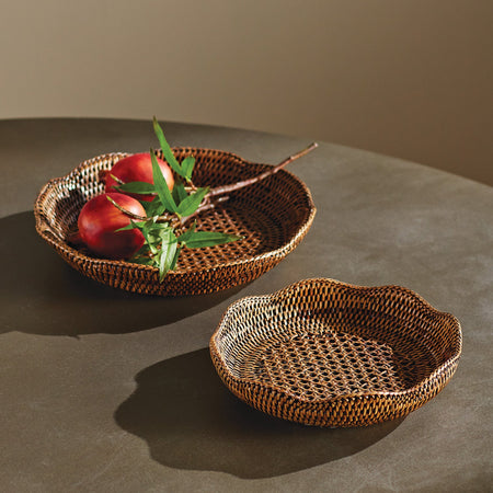 Mandalay Scalloped Tray Set - ratttan baskets styled on table