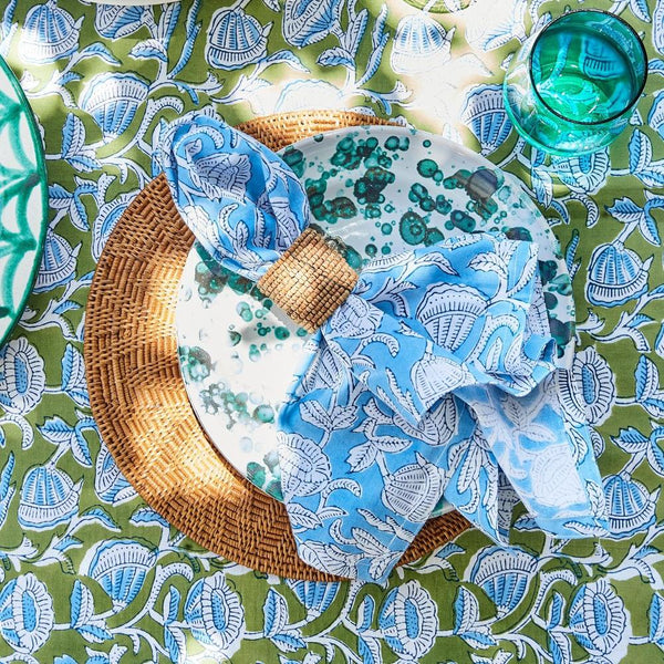 Marbella Azure Napkins styled with Marbella Moss tablecloth