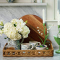 Marbled Ocean Mugs styled with pitcher in rattan tray