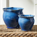 Margot Blue Ruffle Pots styled on wicker console