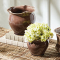 Margot Brown Ruffle Pots styled with hydrangeas 