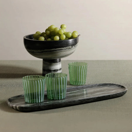 Marina Green and White Stripe Tumbler Glasses on marble tray