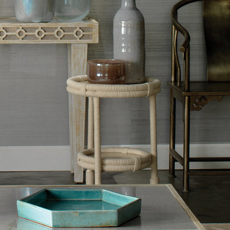 Mariner Round Rope Accent table styled with grey vase