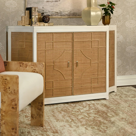 Marlene Natural Rattan Cabinet styled in neutral room