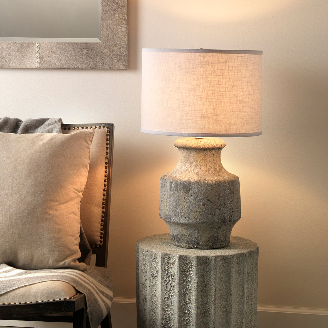 Marva Ceramic Table Lamp on stool - concrete texture