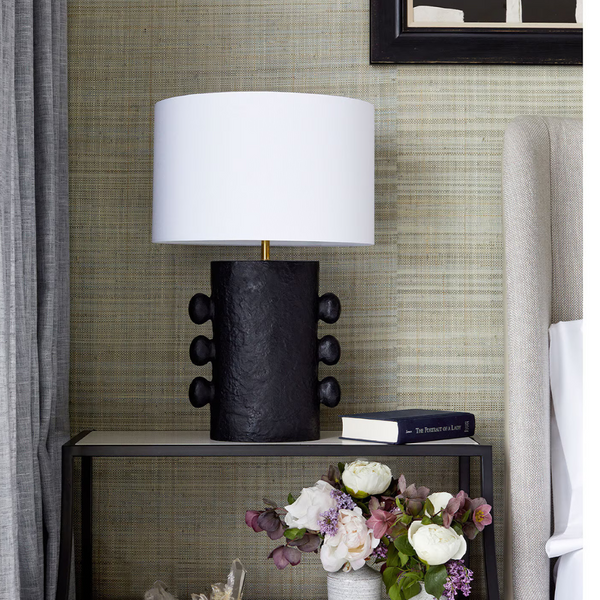 Maya Black Table Lamp styled on bedside table