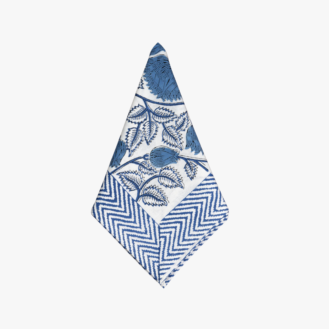 Meadows Napkin - blue floral vine blockprint