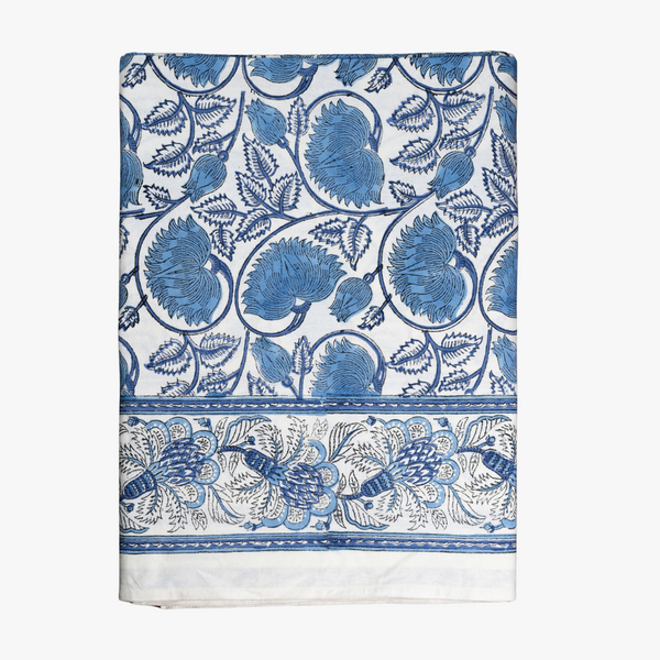 Meadows Table Cloth - Blue Floral Vine Block Print