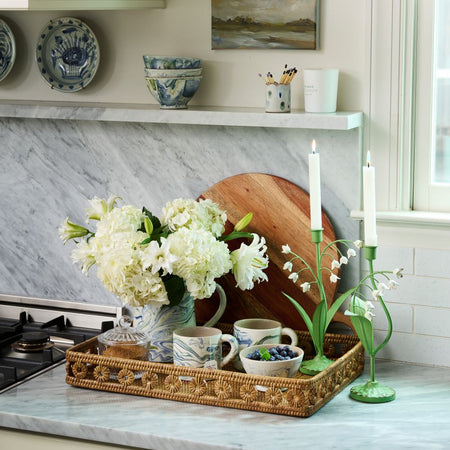 Menton Rectangle Rattan Tray styled in kitchen with Lily of the Valley Candle Holders