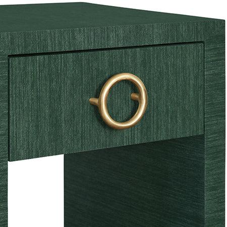 Miles Forest Green Grasscloth Side Table with round brass hardware